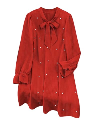 Image of WDIRARA Women's Plus Size Pearl Beaded Tie Neck Long Sleeve Casual Work Short Dress