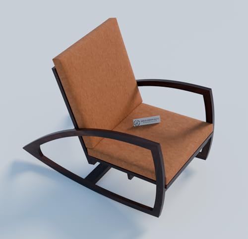 Image of Jangid Handicraft Solid Sheesham Wooden Rocking Chair for Living Room | Lounge Chair for Bedroom | Contemporary Swing Arm Chair for Balcony | Modern Arm /Sofa Chair | Orange Cushion & Walnut Finish