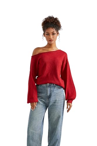 SUUKSESS Women Off The Shoulder Fall Sweaters Long Sleeve Boat Neck Oversized Pullover Sweater Tops