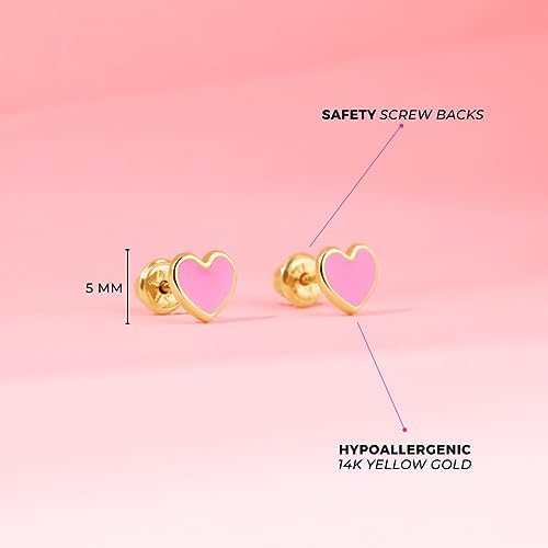 14k Yellow Gold 5mm Pretty Pink Enamel Heart Screw Back Earrings for Young Girls - Hearts Safety Screw Back Locking for Children - Cute & Fashionable Heart Screw Backs for Little Girls & Toddlers4