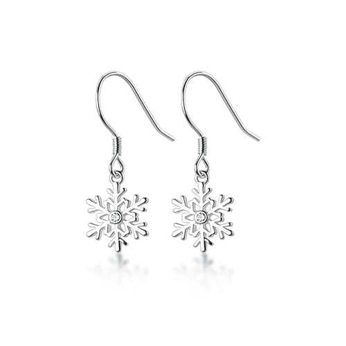 SAUTRV Pendientes de plata de ley con diseño de copo de nieve para mujeres, adolescentes, pequeños aretes colgantes de copo de nieve sobre la oreja para mujer, talla única, Metal, Sin piedra preciosa