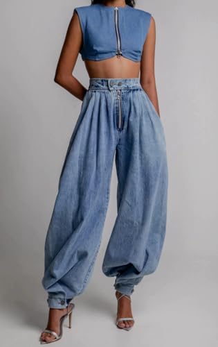 CHARTOU Women Balloon Denim Baggy Pants Casual Loose Fit Vintage Pleated High Waist Wide Leg Jeans with Pockets2