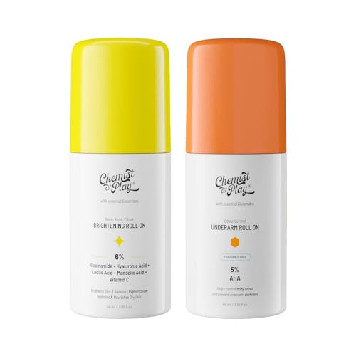Image of Chemist at Play Neck, Knee & Elbow Brightening Roll On 6% Vitamin C+ Hyaluronic Acid + AHA + Niacinamide + Ceramides | Under-Arm Roll-On, 5% Lactic Acid & 1% Mandelic Acid, Peach Fragrance |40ml Each