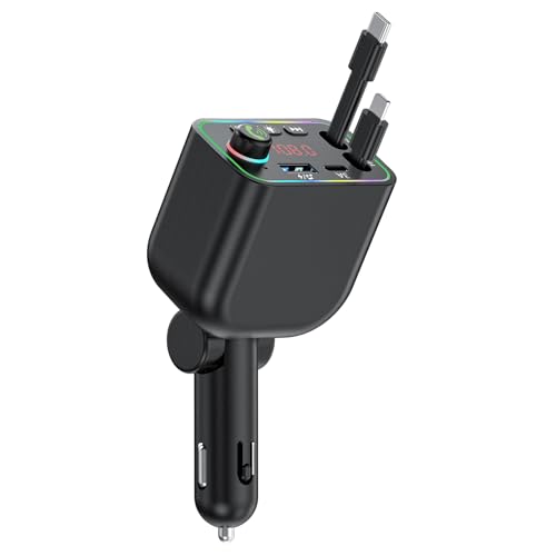 Vitog Retractable Car Charger, Wireless Bluetooth 5.3 FM Transmitter 100W USB C 4 in 1 Fast Car Charger Adapter,iPhone 16 Fast Charging-for iPhone 16 15 14 13 12 Android