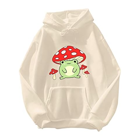 AMDOLE Women's Small Hooded Sweatshirt Womens Cute Frog Sweatshirt Kawaii Mushroom Hoodie For Teen Girls Clothes Hoodie Ladies Fleece Tops Beige Cover