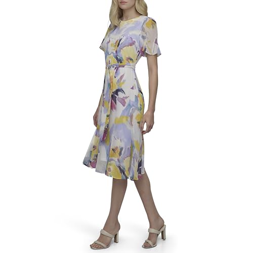 Image of DKNY Women's Flutter Sleeve Round Neck Waist Tie Midi Dress