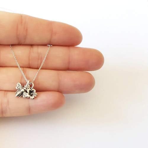 Sterling Silver Tiny Bee Charm with Tiny Flower Charm Necklace, 18" - Image 5