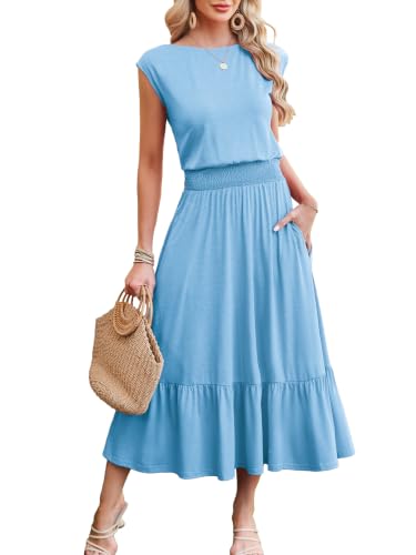 Image of Kikibell Womens Summer Dresses Cap Sleeve Elastic Waist Midi Dress with Pocket Long Causal Sundress Beach Vacation Outfits