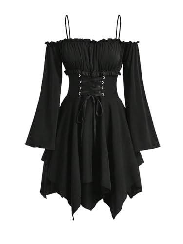 SweatyRocks Gothic Kleid Damen Langarm Herbstkleid Mit Korsett Minikleid Off Shoulder Kleid A Linie Mittelalter Kleidung Festival Outfit Schwarz XS