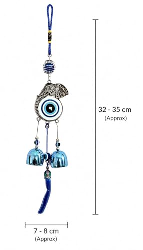 Image of Blue Evil Eye Hanging Wind Chime with Elephant Charm & Turkish Nazar Bead for Home Entrance, Balcony, Living Room, Office Wall Decor & Positive Energy Protection (32-35 cm)