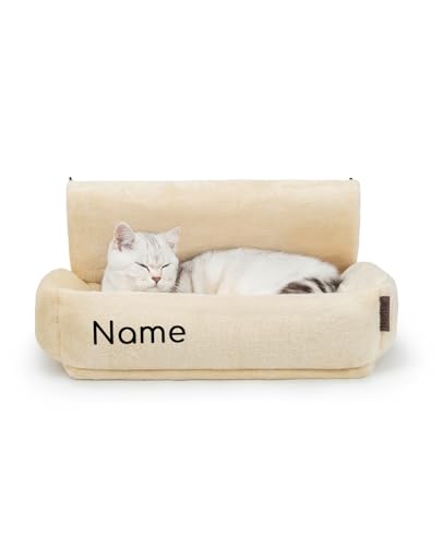 lionto Lettiera riscaldata per gatti con rivestimento in peluche lavabile, ganci in metallo adatti ai termosifoni standard, amaca in materiale confortevole, beige (con nome stampato)