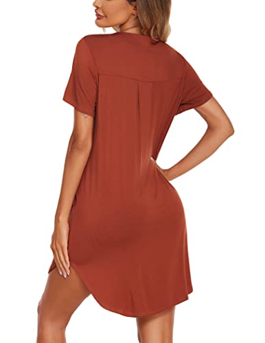 Ekouaer Short Sleeve Nightgown Button Sleep Dress For Women Sleepwear With Sexy Split Hem Wedding Pajama Party Dress Brick Red #TOP4