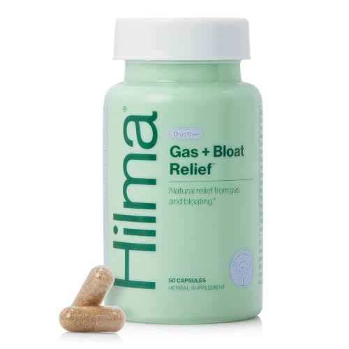 Image of Hilma Gas and Bloating Relief, 50 Vegan Capsules | Natural Herbal Supplements with Peppermint Leaf, Anise, Caraway, Fennel Seed & Lemon Balm for Debloat & Gut Support