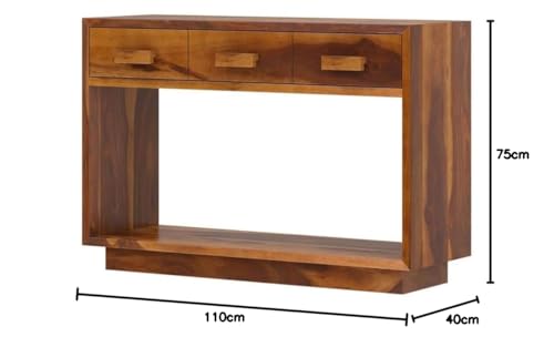 Image of Solid Sheesham Wood Console Table for Living Room | Entryway Hallway Sofa & Fish Tank Table with 3 Drawers & Shelf Storage | Rosewood Honey Finish
