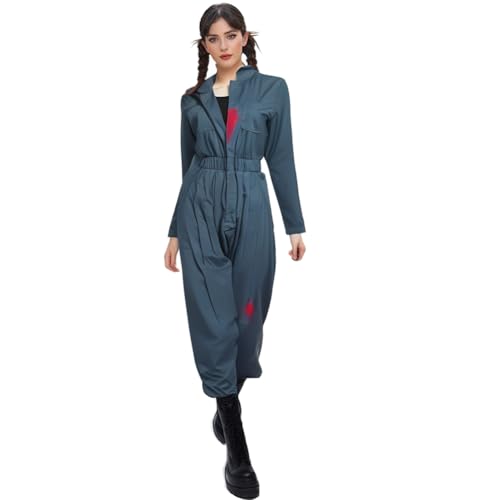 Womens Halloween Killer Costume Cosplay Long Sleeve Zip-Front Blue Coverall Jumpsuit M