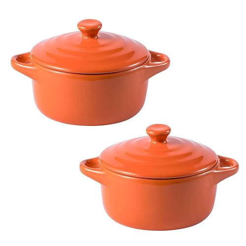 Set of 2 Mini Ceramic Casserole Pots with Lids, Oven-Safe Small Soup Pots, Perfect for Soups, Stews, and Side Dishes(Orange)