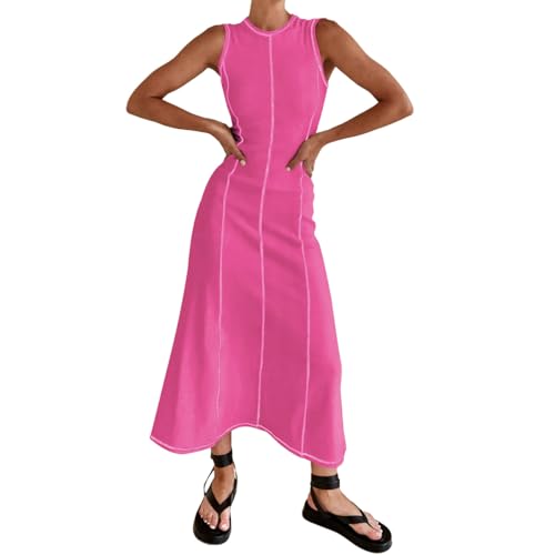 Image of AGYMNX Women's Sleeveless T Shirt Dress Ribbed Knit Long Tank Dress Summer Y2K Maxi Dresses