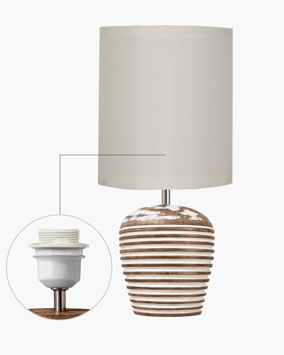 Image of Homesake Wooden Table Lamp for Bedroom | Bedside Lamp with Fabric Shade | E27 Holder with Bulb Included | Warm Light Night, Lamp for Living Room, Study Table & Home Decor (KD Off-White Drum)