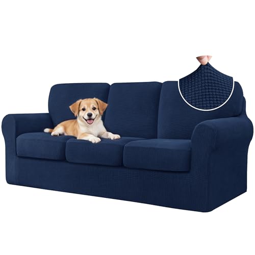 CHUN YI 7 Piece Couch Covers Sofa Covers Washable, Stretch Sofa Slipcovers for 3 Cushion Couch with Seperate Backrest and Cushion Covers, Anti Slip Furniture Protector for Dogs Pets (Large, Dark Blue)