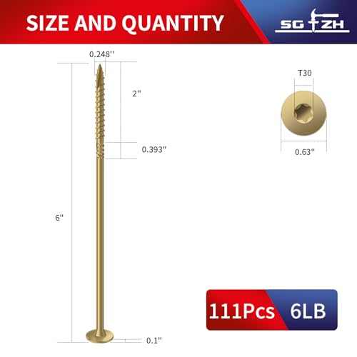 Image of #14 x 6 Inch Outdoor Structural Wood Deck Screws (111Pcs /6lb), Carbon Steel, Tan, Flat Head, Rust Resistant Epoxy Coated, T30 Star Bit