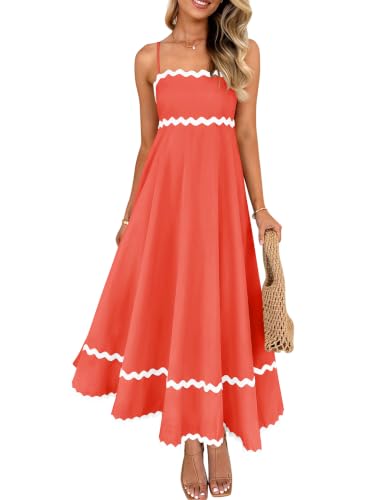 Image of ZESICA Women's 2026 Summer Spaghetti Straps Midi Dress | Sleeveless Sundress, Backless Long Dress, Flowy A Line Dress, Swing, Smocked Lace Dresses, High Waist, Wedding Guest Dress