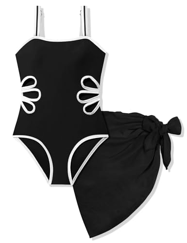 Image of 7-16 Years Girls Swimsuit 2PCS Adjustable Straps Cut Out One Piece Bathing Suit with Solid Color Cover Up Skirt