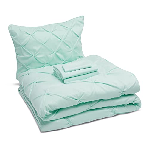 Amazon Basics 5-Piece Lightweight Microfiber Bed-In-A-Bag Comforter Bedding Set, Twin/Twin Xl, Jade Mint Pinch Pleat, Solid #TOP1