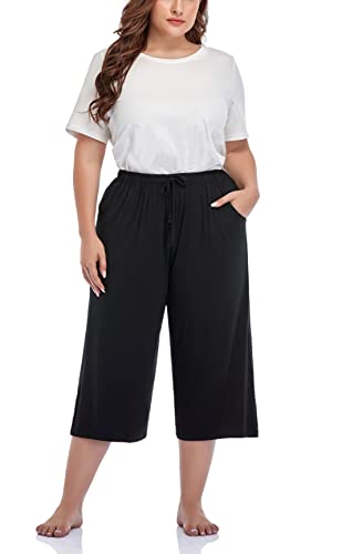 Zerdocean Women's Plus Size Wide Leg Casual Lounge Pants Comfy Capris Relaxed Pajama Bottoms Drawstring Pockets Black 4X #TOP4
