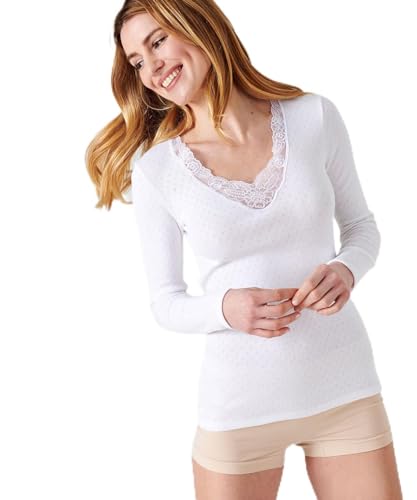 Damart - Women's Thermolactyl Long Sleeve Openwork Mesh T-Shirt, White, S