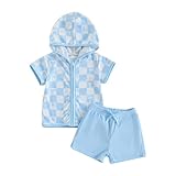 Toddler Baby Boy Girl Swim Cover Up Towel Terry Zipper Hooded Tops Seersucker Gingham Shorts Set Bathing Suit Coverup (Palm Tree-Blue, 18-24 Months)