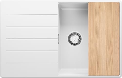 PRIMAGRAN Evier Cuisine en Granit Blanc 78x50cm, Lavabo 1 bac + Kit de Vidage + Planche à Découper, Évier à Encastrer al mueble 50cm - Copenhague