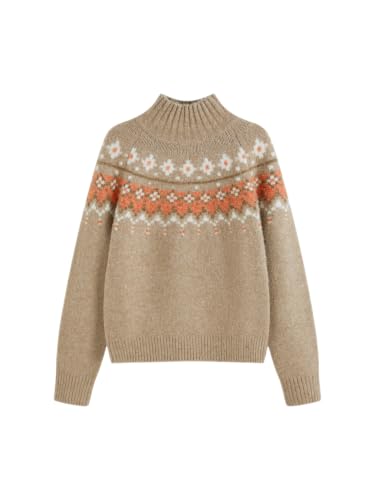 CIDER Women's Fair Isle Wool Blend Sweater Long Sleeve Pullover Khaki