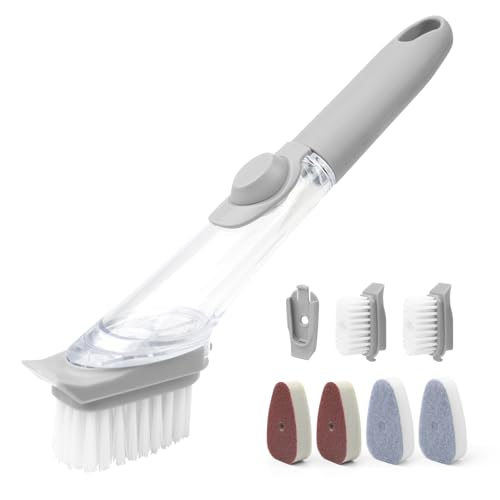 Befüllbare Spülbürste, Spülbürste mit Spülmittelspender, Geschirrbürste mit 5 Bürstenköpfe, Abwaschbürste, Küchenbürste, Reinigungsbürste für Topf, Pfanne, Spüle