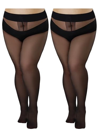 SUREPOCH 2 Pairs Plus Size Sheer Black Tights for Curvy Women 20D T Crotch Nylon Pantyhose High Waist Stockings 1X 2x 3x 4x