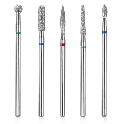 Gjinxi 5pcs Nail Drill Bits Set, Manicure Drill Bits, Professional Nails Diamond Bits Russian Cuticle Remover Bits Kit, Cylinder/Ball/Flame/Needle Cuticle Bit for Acrylic Gel Nails Home Salon