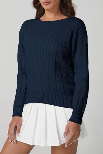 QINSEN Cable Knit Sweater for Women Long Sleeve 90s Vintage Ribbed Pullover Crewneck Sweater Tops4