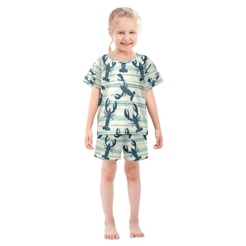 Pajama Sets Short Sleeve Lobster Pattern on Blue Background Soft Cotton Summer Sleepwear 2 Piece PJS Size 5-14T4