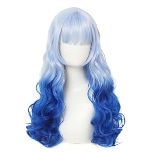Ombre Blue Long Curly Wavy Wig for Women with Bangs Cosplay Wig Synthetic Hair Anime Wigs