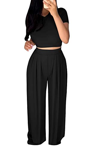 Aro Lora Women's 2 Piece Jumpsuit Short Sleeve Crop Top and Wide Leg Pant Set Romper Outfits X-Large Black