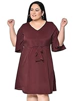 wild U Women Western Plus Size Stylish Casual Front Knotting A-line Dress (Wine, Size : XL)