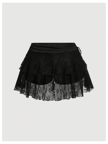 Verdusa Women's Plus Size Y2k Lace Sheer A Line Mini Skirt Ruched Tiered Layered Drawstring Ruffle Skirts2