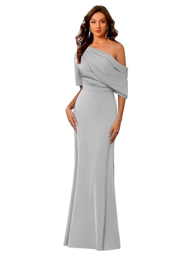 Image of Mermaid Satin Mother of The Bride Dresses for Women Elegant One Shoulder Ruffle Long Formal Evening Gown