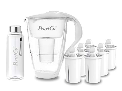 PearlCo - Glas-Wasserfilter (weiß) mit 6 Universal classic Filterkartuschen + 1 Trinkflasche aus Glas