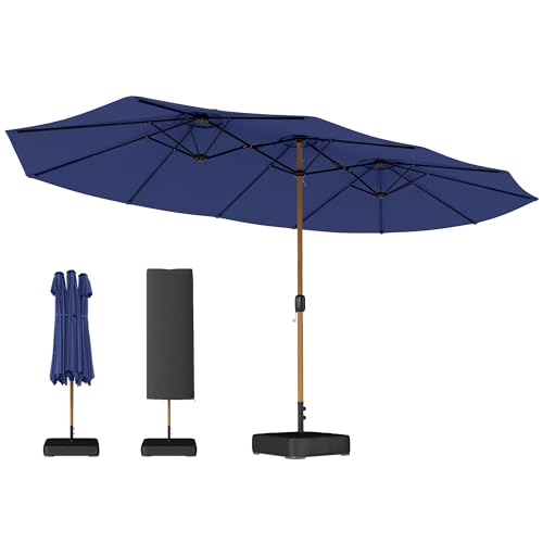 Outsunny Sombrilla Doble 4,7x2,8 m, Sombrilla Terraza Exterior con Base Incluida, Manivela Manual, Sacos de Arena y Funda, Anti-UV, Resistente al Agua, Parasol para Jardín, Terraza, Patio, Azul Oscuro