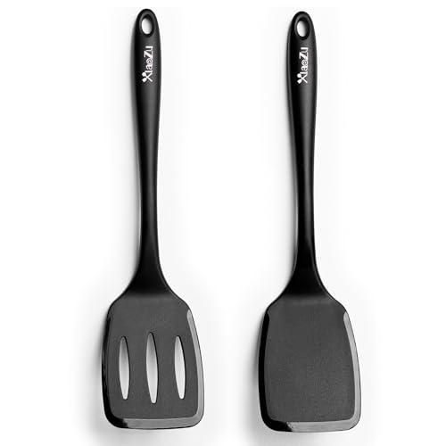 2 Pack Spatulas Set, Seamless Spatulas Silicone Heat Resistantan, Solid & Slotted Turners for Non Stick Cookware, Kitchen Utensils for Fish, Eggs, Pancakes, Wok (Black)