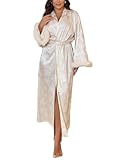 silkola Bridal Satin Long Robe with Faux Fur Trim, Floral Jacquard, Floor-Length Getting Ready Wedding Robe for Women (US, Alpha, Medium, Regular, Regular, Off-white)