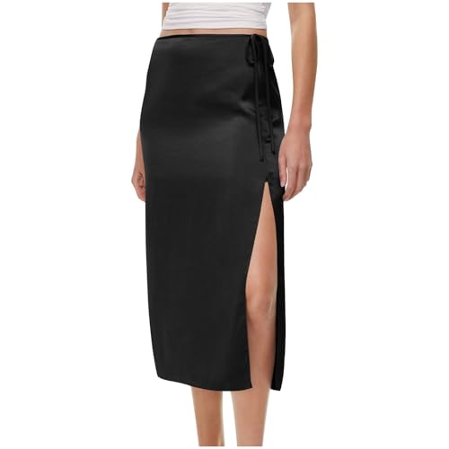 Women Tie Side Split Midi Long Skirt Smooth Casual Elegant Street-Style Straight Skirt Office Business Dinner Skirts