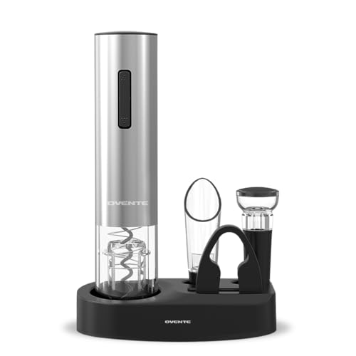 OVENTE Electric Wine Opener Set, Rechargeable Cordless Wine Corkscrew with Charging Base, Foil Cutter, Pourer and Vacuum Stopper, Ideal for Home Bar, Outdoor Parties and Christmas Gift, Silver WBR446S