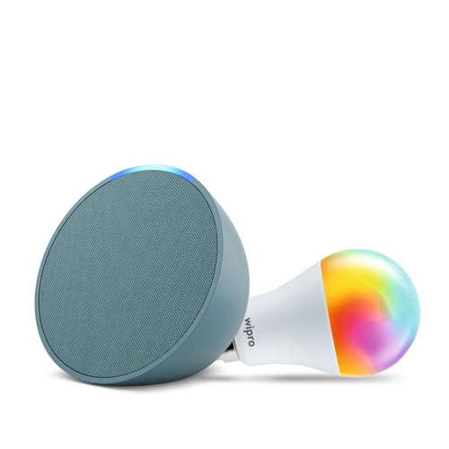 Amazon Echo Pop (Green) Smart Home Combo with Wipro Simple Setup 9W LED Smart Bulb