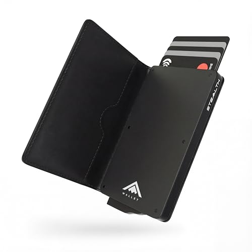 Stealth Wallet RFID Portfel na Karty - Smart Minimalistyczne Pop Up Portfele - Smukłe Lekkie Metalowe Uchwyty na Karty Kredytowe dla Mężczyzn i Ochrona Bezdotykowa (Czarny Aluminium, Czarna Skóra)